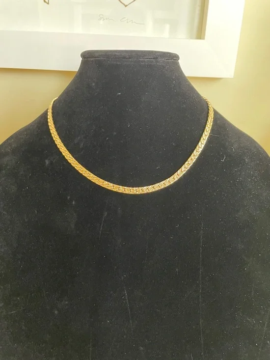 TEXTURED GOLD YONE GLAT CURB LINK CHAIN NECKLACE Vintage Style - Picture 3 of 9